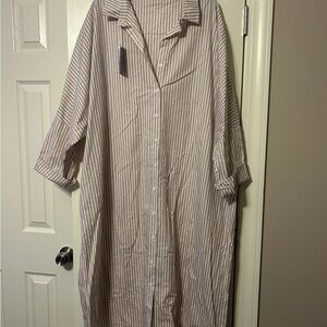 Tan and White Casual Button Down Dress with Vertical Stripes